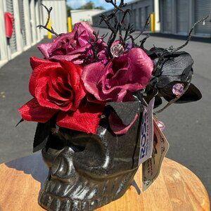 Halloween Skull With Roses Floral Arrangement Spooky Decor Crimson Gate